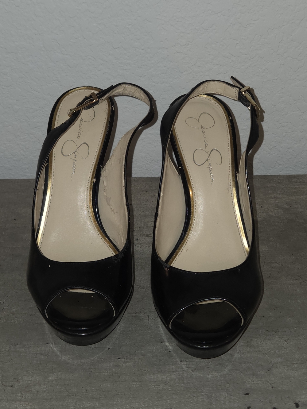 Jessica Simpson Black Patent Peep-Toe Slingback Platform Heels
